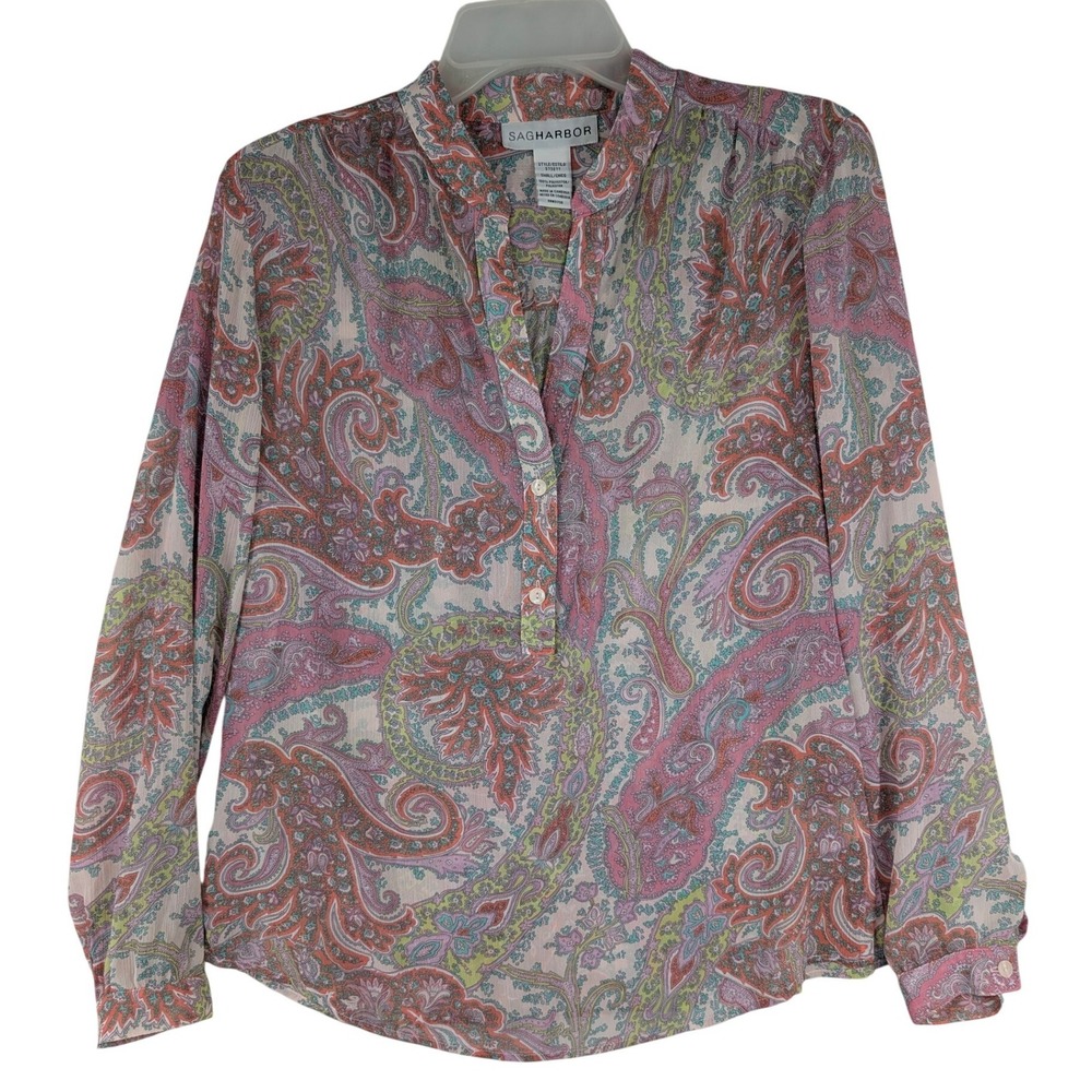 Sag Harbor Pink Paisley Sheer Chiffon Blouse Small Henley‎ Split Neck Soft Boho